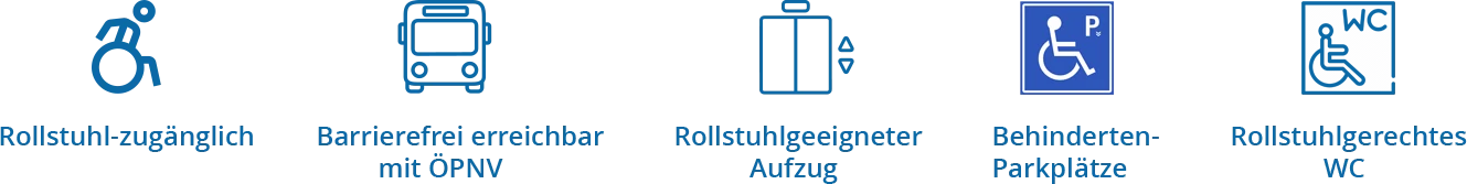 Rollstuhlzugänglich, barrierefrei erreichbar mit ÖPNV, Rollstuhlgeeigneter Aufzug, Behindertenparkplätze, Rollstuhlgerechtes WC